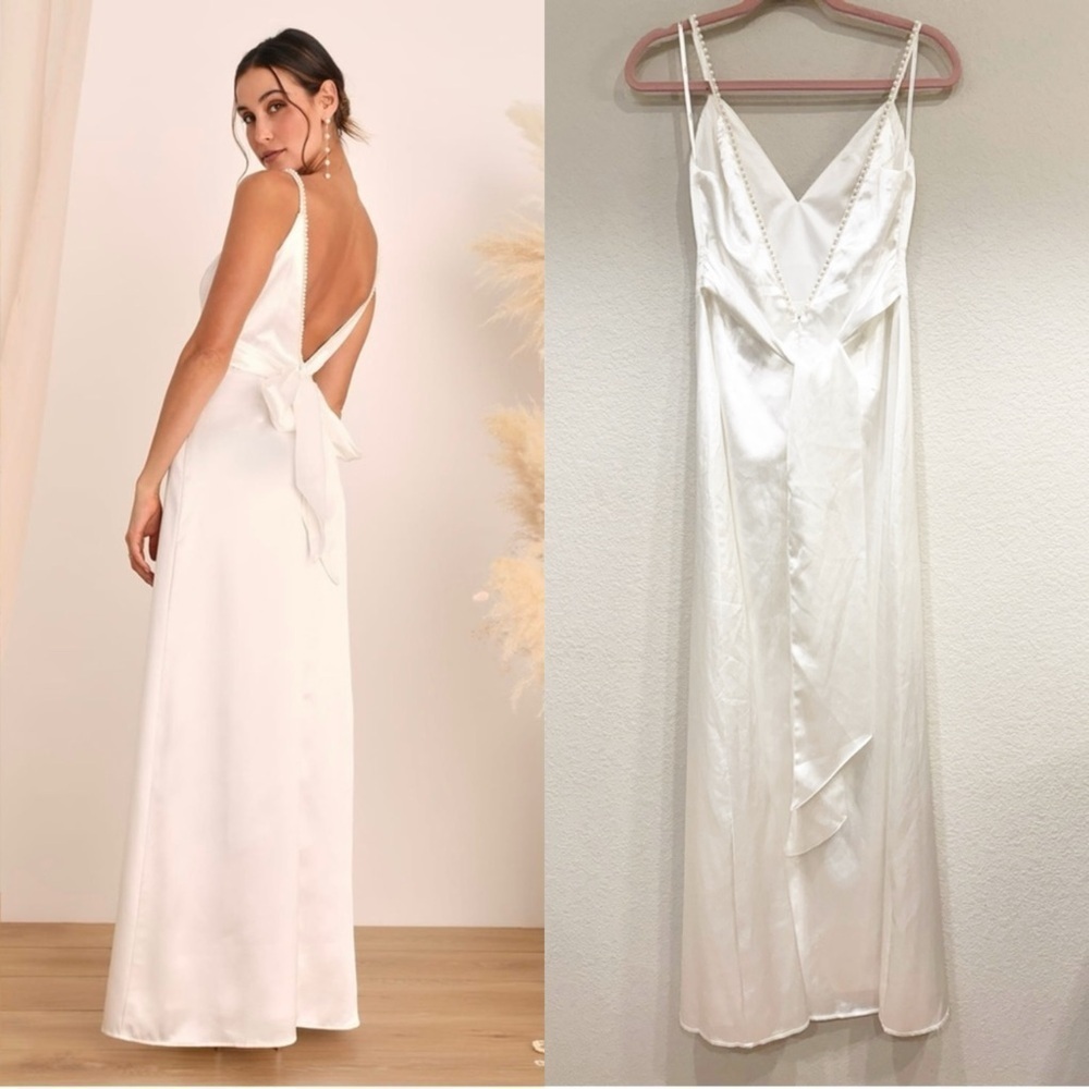 NWOT Lulus Ready For Forever White Satin Pearl Tie-Back Maxi Dress - Picture 5 of 9